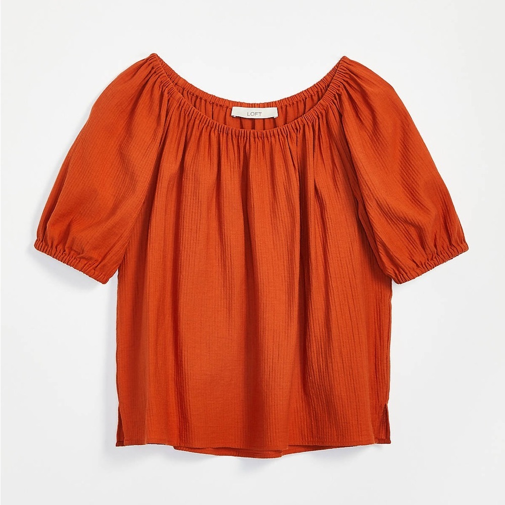 LOFT Rust Orange Smocked‎ Peasant Top Puff Sleeves